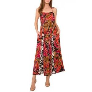 Vince Camuto Tropical‎ Floral Print Maxi Dress Beaded Straps Smocked Bodice Sz M